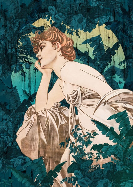 Dekorative Wand mit Frau und floralen Elementen