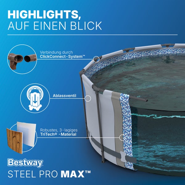 Bestway Steel Pro MAX Aufstellpool mit Details zu ClickConnect-System, Ablassventil und dreilagigem TriTech-Material.