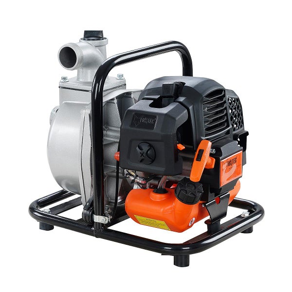 Fuxtec Benzin-Wasserpumpe mit schwarzem Tragerahmen und orangefarbenem Tank für den mobilen Einsatz.
