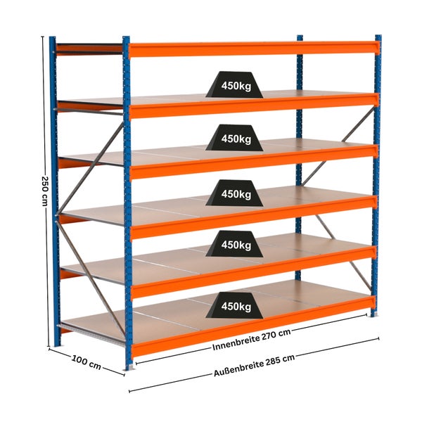 Lagerregal mit fünf Ebenen, belastbar bis 450 Kilogramm pro Ebene, 250 Zentimeter hoch