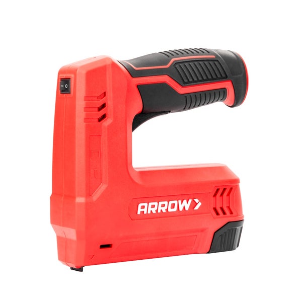 Arrow Elektro-Tacker in Rot und Schwarz mit ergonomischem Griff und Ein-Aus-Schalter.