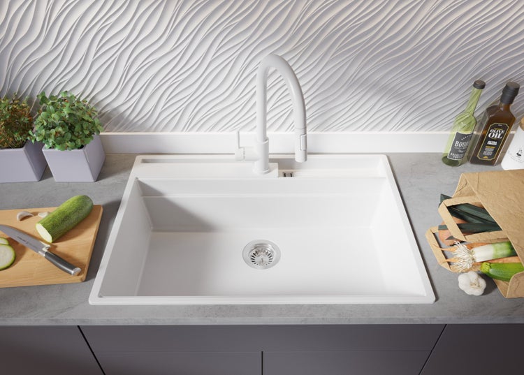 PRIMAGRAN Spülbecken Weiß 78x53cm, Granitspüle 1 Becken + Ablauf-Set + Küchenzubehörset, Küchenspüle ab 80er Unterschrank - Oslo Pocket