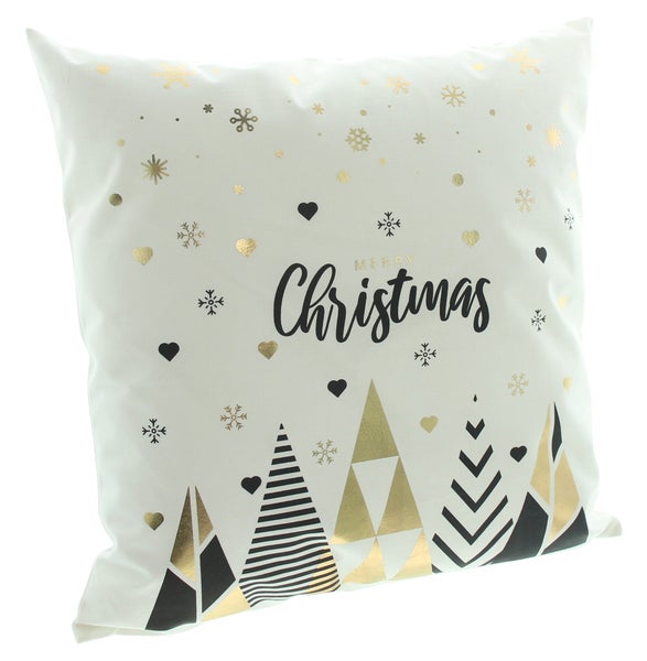 Dekokissen mit dem Schriftzug Frohe Weihnachten und Tannenbaum-Motiven