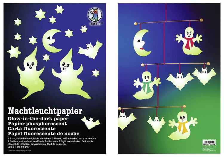 URSUS Basispapiere Nachtleuchtpapier, 90 g/m², 22 x 31 cm Inhalt: 2 Blatt phosphoreszierendes Papier, nachtleucht-gelb, selbstklebend und leicht ablösbar, Maße: 22 x 31 cm, URSUS