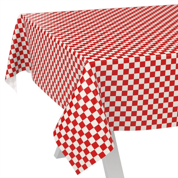 Wachstuch-Tischdecke mit rot-weißem Karomuster.