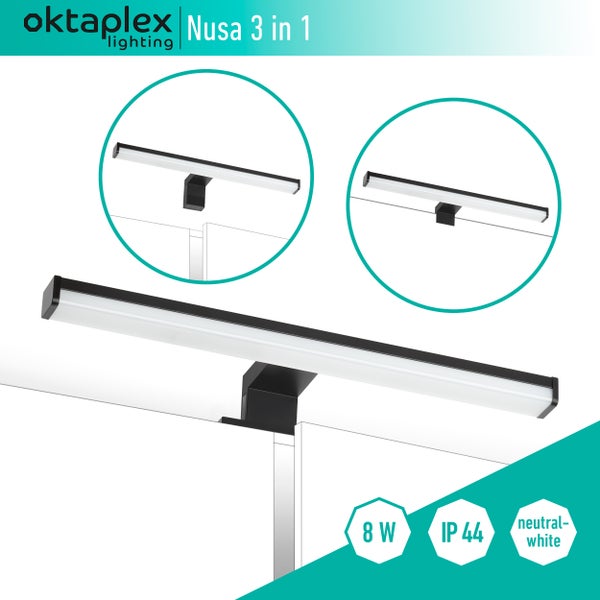 Spiegelleuchte LED 40cm schwarz 3in1 Montage 4000K Neutralweiß 8W 570lm Bad Spiegellampe Badezimmerlampe Wandleuchte Aufsteckleuchte