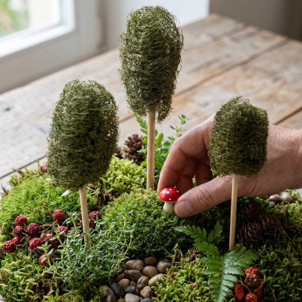 Eine Hand platziert einen kleinen Deko-Pilz in eine Mooslandschaft mit Miniatur Bäumen, Beeren, Farnen und Kieselsteinen als Bastelprojekt.