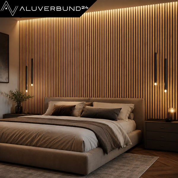 Modernes Schlafzimmer mit Wandverkleidung aus Holzlamellen und indirekter Beleuchtung sowie Aluverbund24 Logo