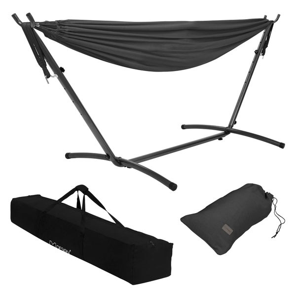 ML-Design Doppel Hängematte mit Stahlgestell, Dunkelgrau, Platz für 2 Personen, Indoor & Outdoor, XXL Hängesessel mit Tragetasche, Hängemattengestell, Doppelhängematte mit Ständer, für Garten & Balkon