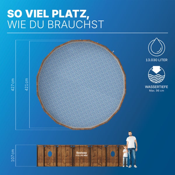 Bestway Steel Pro Max Schwimmbecken, Holzoptik, 427 Zentimeter Durchmesser, 107 Zentimeter hoch, 13030 Liter, Wassertiefe maximal 96 Zentimeter.