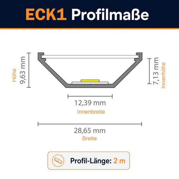 Technische Zeichnung der Profilmaße für das LED Eckprofil ECK1 mit einer Länge von 2 Meter und detaillierten Angaben zu Höhe und Breite.