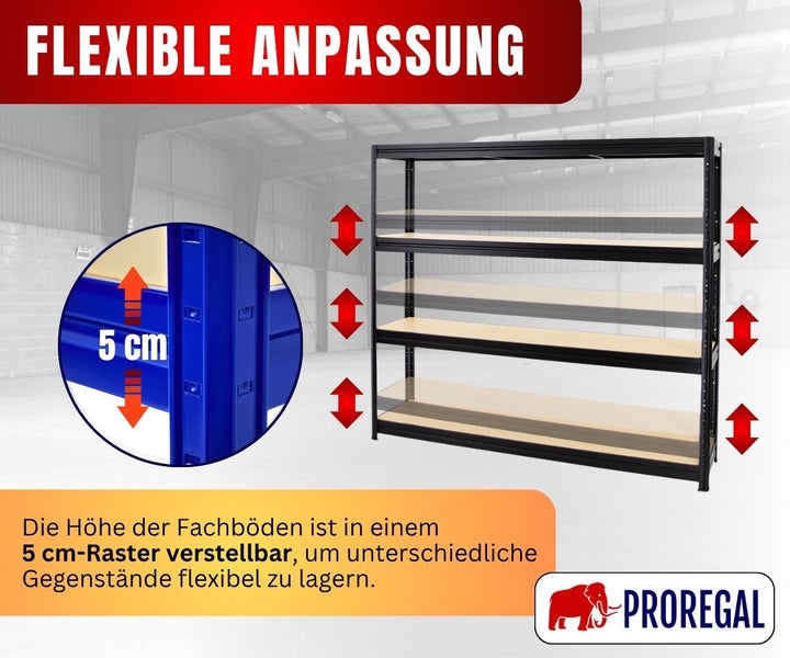 Schwerlastregal mit in 5 Zentimeter Schritten höhenverstellbaren Fachböden für flexible Lagerung. Proregal Logo.