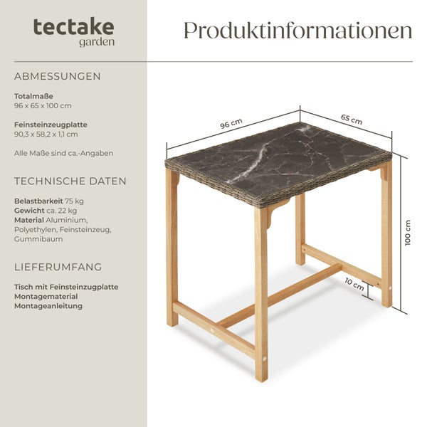 Rattan Bartisch tectake Kutina 96 x 65 x 100 cm mit Aluminium- und Holzgestell natur