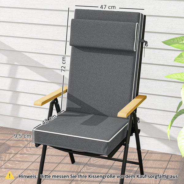 Outsunny Sitzkissen 120 x 47 x 9,5 cm wasserabweisend Stuhlkissen mit Bändern, Kopfstütze, UPF50+ Outdoor Indoor Sitzauflage, Sitzpolster für Klappstuhl, Essstuhl, Dunkelgrau