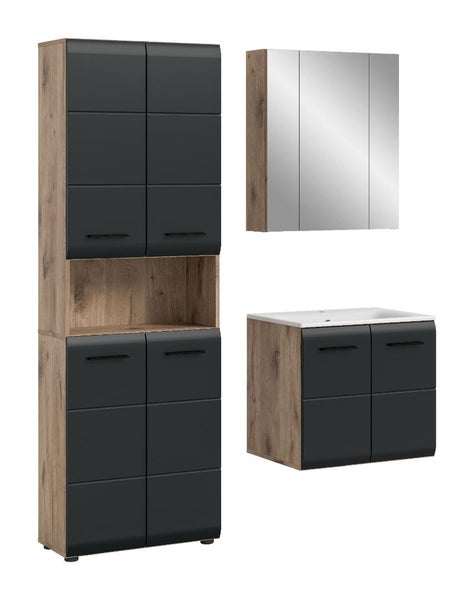 Badezimmermöbel-Set in Eiche-Optik und Anthrazit bestehend aus Hochschrank, Spiegelschrank und Waschbeckenunterschrank mit Waschbecken.