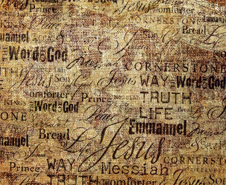 Strukturierter Stoff mit den Wörtern Jesus, Gott, Wahrheit, Leben, Frieden und Brot