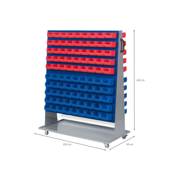 PROREGAL ProfiDrop Systemwagen auf Rollen mit Blauen Systemplatten und 180 x Rote und Blaue Sichtlagerbox 1.0 HxBxT 130 x 100 x 50 cm