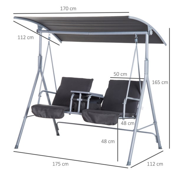 Outsunny Hollywoodschaukel, 2-Sitzer Gartenschaukel mit Sonnendach, 175 x 112 x 165 cm, Metall, Polyester, Oxford, Grau