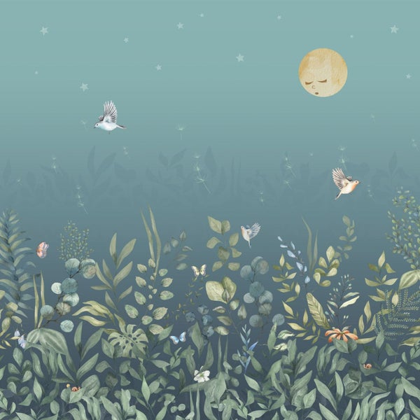 Fototapete mit Pflanzen, Mond, Sternen und Vögeln