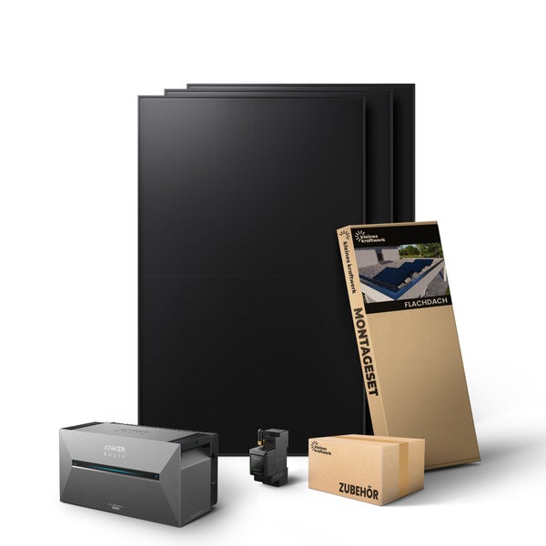 Balkonkraftwerk Komplettset mit Solarmodulen, Anker Solix Speicher, Kleines Kraftwerk Montageset für Flachdach und Zubehörbox.