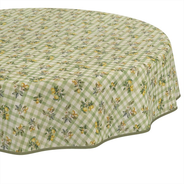 Runde Tischdecke mit grünem Karomuster und Zitronen-Motiv.