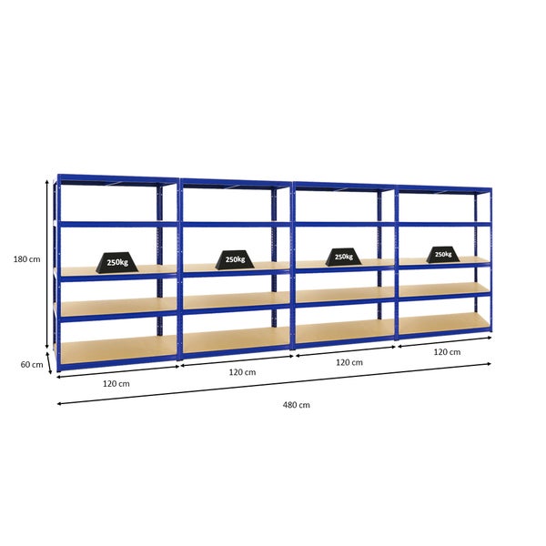 PROREGAL Mega Deal 4x Schwerlastregal Big Elephant M HxBxT 180 x 120 x 60 cm Fachlast 250 kg Blau