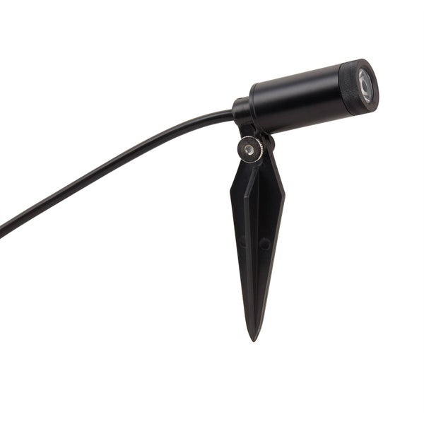 Schwarzer verstellbarer Gartenstrahler aus Metall mit Erdspieß und Stromkabel.