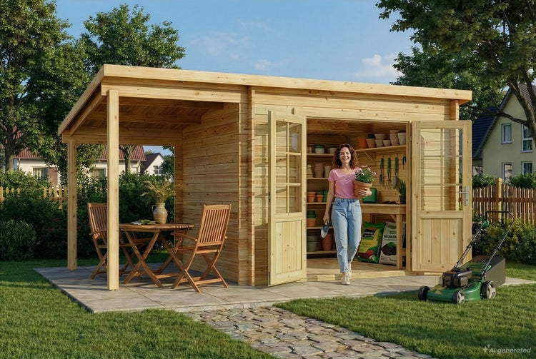 Gartenhaus aus Holz mit integriertem Vordach auf einer Terrasse mit Sitzgruppe und einer Frau im Eingangsbereich mit Gartenwerkzeug.