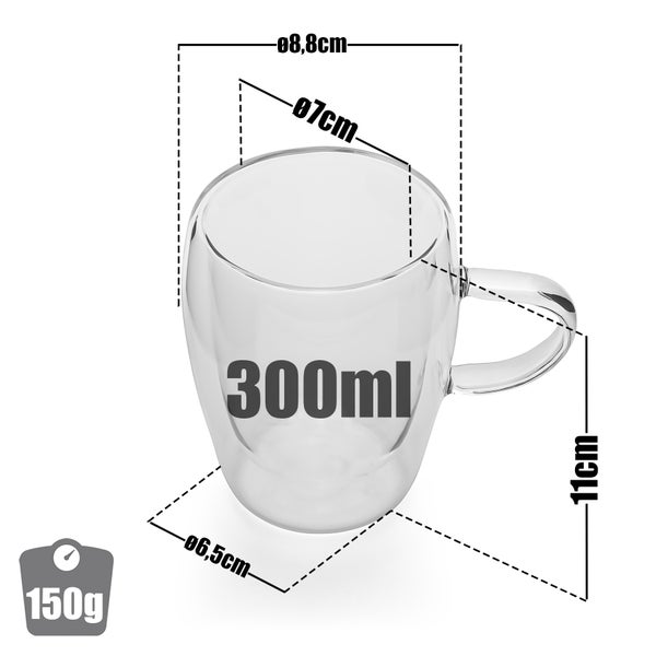 Doppelwandiges Glas mit Henkel, 300 Milliliter Fassungsvermögen, 11 Zentimeter hoch, Durchmesser oben 8,8 Zentimeter, Gewicht 150 Gramm.