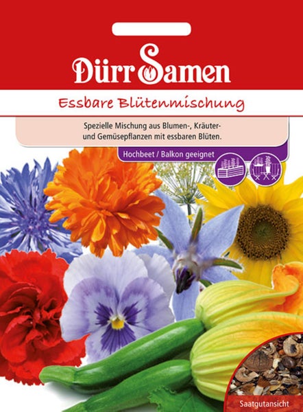 Dürr Samen Logo auf Samentüte Essbare Blütenmischung mit Kornblume, Ringelblume, Sonnenblume und Zucchiniblüte. Für Hochbeet und Balkon geeignet.