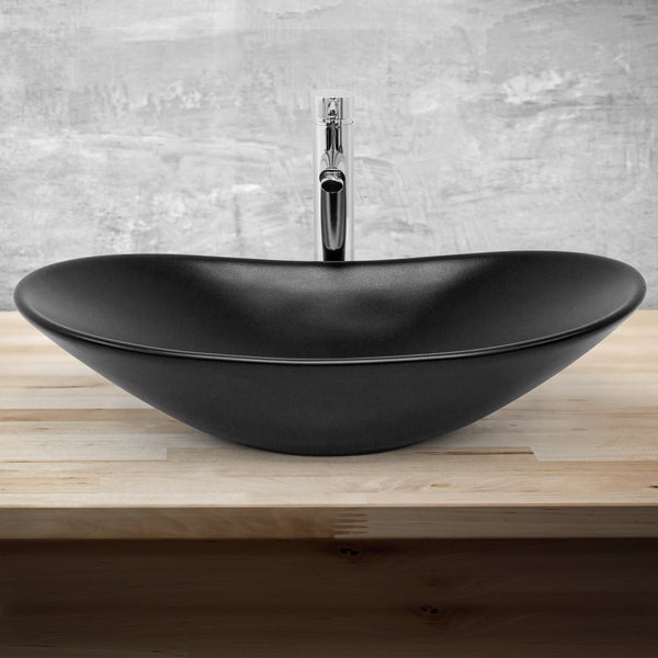 ML-Design Waschbecken aus Keramik in Schwarz matt 63 x 36 x 15,5 cm, Ovale Aufsatzwaschbecken, Moderne Waschtisch, Waschschale mit Abflussloch, Waschplatz Handwaschbecken, für Badezimmer / Gäste-WC