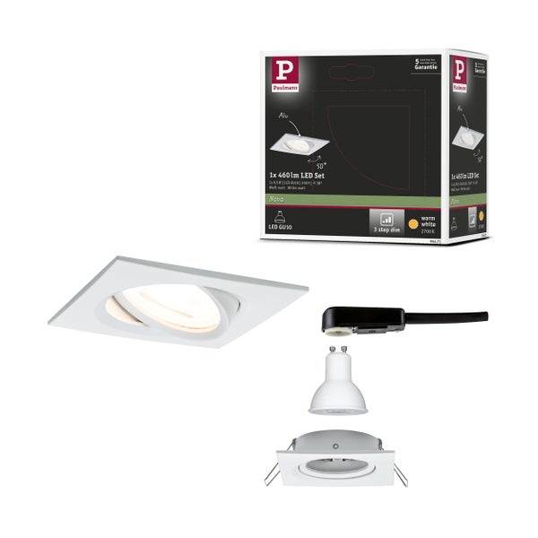 Paulmann LED Einbaustrahler Nova Set, GU10, weiß matt, quadratisch, schwenkbar 50 Grad, warmweiß, dimmbar, mit Leuchtmittel und Anschlussbox.