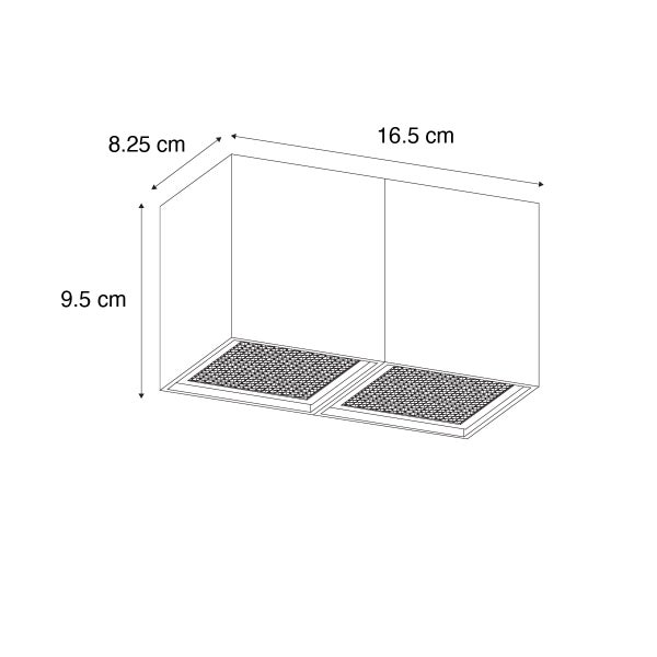 Technische Zeichnung einer Dunstabzugshaube mit den Maßen 16,5 cm Breite, 8,25 cm Tiefe und 9,5 cm Höhe.