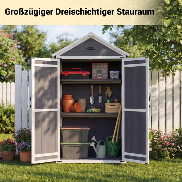 Offener Gartenschrank aus Holz mit drei Ebenen für Stauraum, gefüllt mit Gartengeräten und Zubehör auf einer Wiese vor einem weißen Zaun.