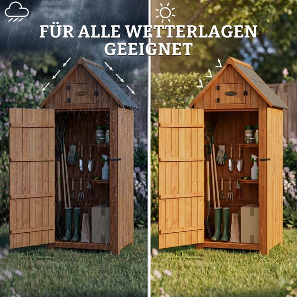 Wetterfester Gartenschrank aus Holz mit Satteldach und offener Tür, befüllt mit Gartengeräten, im Einsatz bei Regen und Sonnenschein.