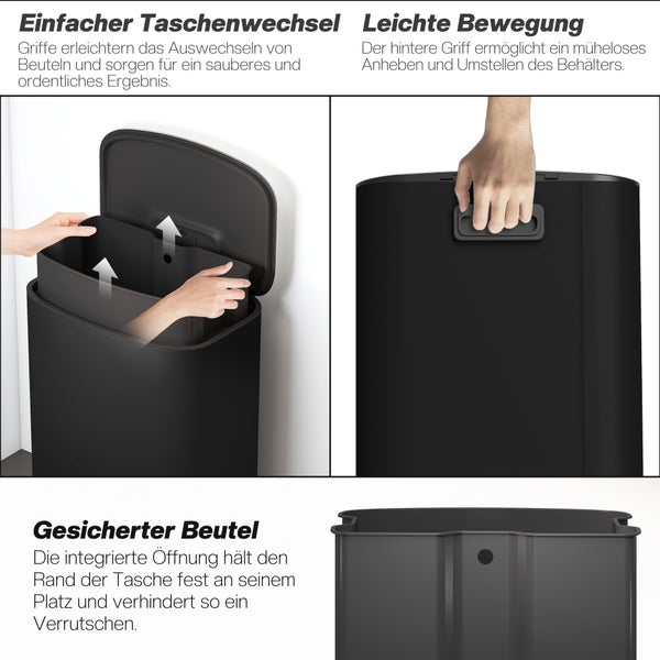 Mülleimer mit Funktionen für einfachen Beutelwechsel, Tragegriff auf der Rückseite und Öffnung zur Fixierung des Müllbeutels.