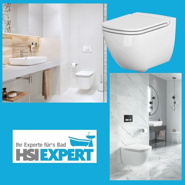 Badezimmergestaltung mit HSI Expert Logo und wandhängendem WC in unterschiedlichen Badezimmerumgebungen
