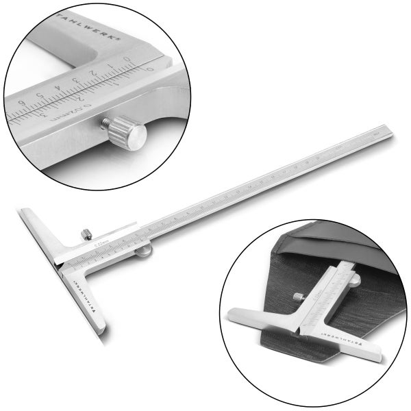 Tiefenmessschieber von Stahlwerk zum Messen von Tiefen in Bohrungen und Nuten mit einer Genauigkeit von null Komma null zwei Millimeter.