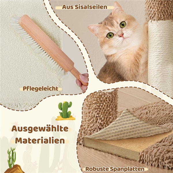 Details eines Kratzbaums für Katzen, einschließlich Sisalseile, Reinigungsbürste und Spanplatten