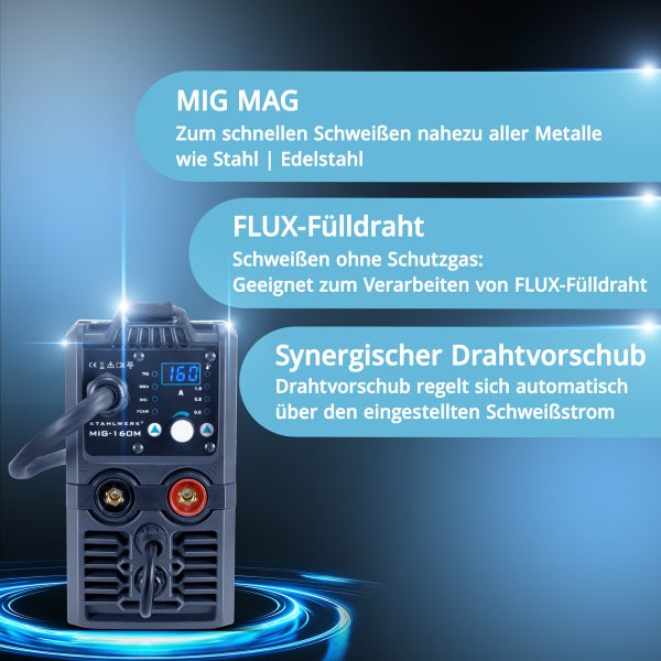 Stahlwerk MIG 160M Schweißgerät für MIG MAG und Flux-Fülldraht Schweißen mit synergischem Drahtvorschub