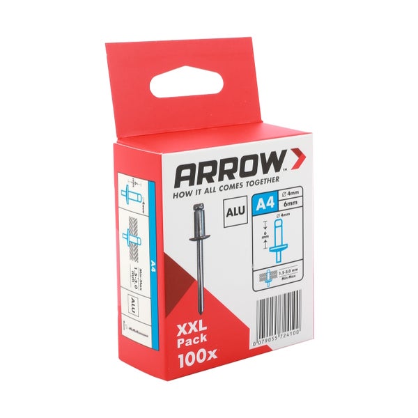 Arrow Blindnieten aus Aluminium, A4, 4 Millimeter Durchmesser, 6 Millimeter Länge, 100 Stück im XXL-Pack.