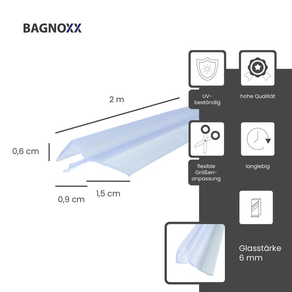 Bagnoxx Logo. Bagnoxx Duschdichtung, Länge 2 Meter, für 6 Millimeter Glasstärke, hohe Qualität, ultraviolettbeständig, langlebig, anpassbar.