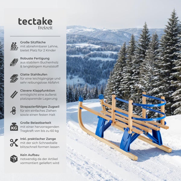 Holzschlitten tectake Vivian 38 x 109,5 x 45 cm, Belastbarkeit 130 kg klappbar, mit Rückenlehne braun