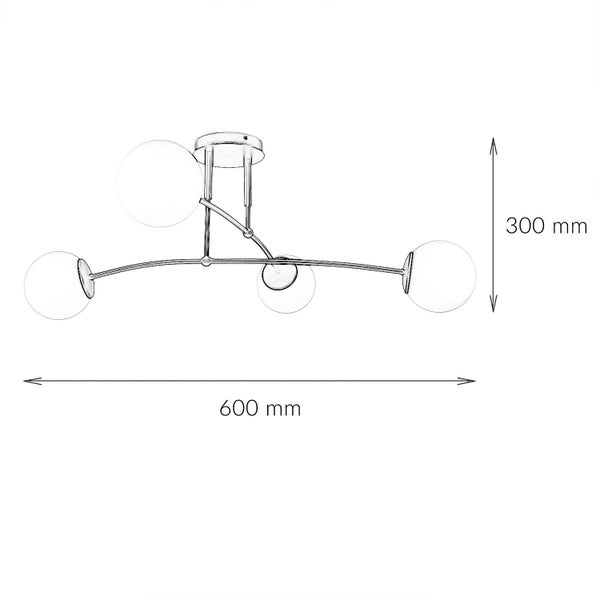 Technische Zeichnung einer Deckenleuchte mit vier Lampen und den Maßen 600 mm Breite und 300 mm Höhe.