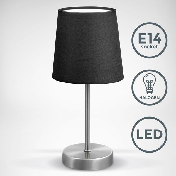 Nachttischlampe - mit Schalter, Stoff, max. 25W, E14 Fassung, schwarz