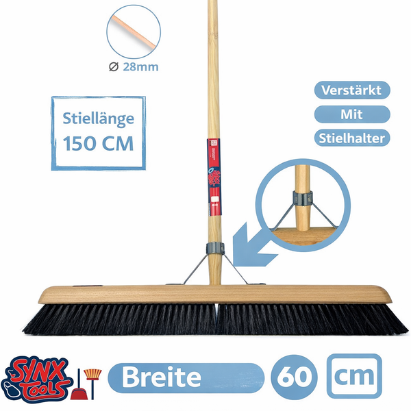 Synx Tools Logo. Verstärkter Straßenbesen mit Stielhalter, Stiellänge 150 Zentimeter, Breite 60 Zentimeter, Stieldurchmesser 28 Millimeter.