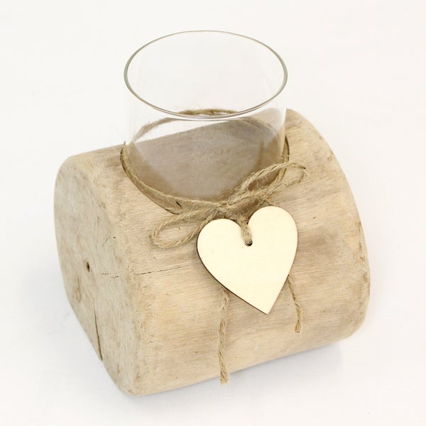 FRANK FLECHTWAREN | Windlicht Herzdeko, HOLZ, 10 x 12 x 14 cm, Glas Ø 7 x 10 cm, ohne Kerze