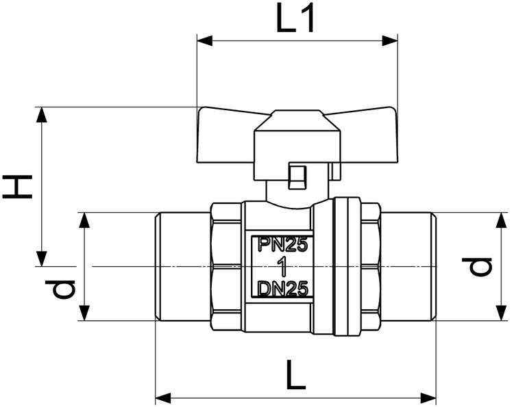 Technische Zeichnung eines Kugelhahns mit Maßen für Höhe, Länge, Grifflänge und Durchmesser. Kennzeichnungen PN25 und DN25 sind sichtbar.