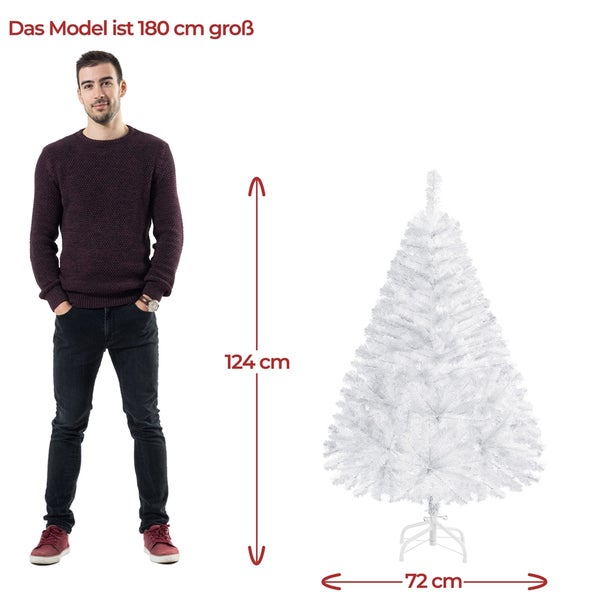 Illustration eines weissen Weihnachtsbaums mit Massangaben und einer Person zum Grössenvergleich