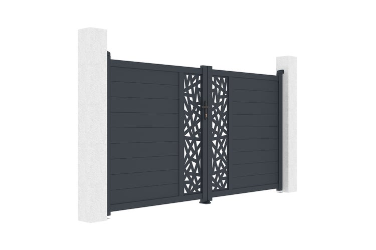 Anthrazitfarbenes doppelflügeliges Einfahrtstor aus Aluminium mit horizontalen Lamellen und dekorativem geometrischem Mittelteil.